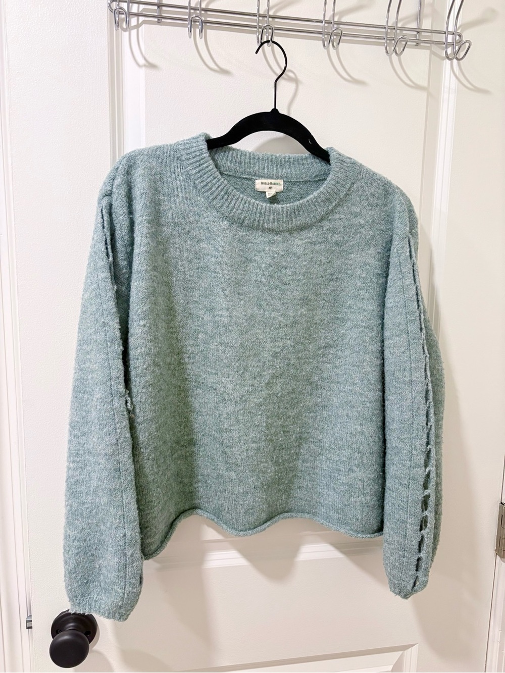 World Market Light Heather Gray Crewneck Sweater with cut out Sleeves